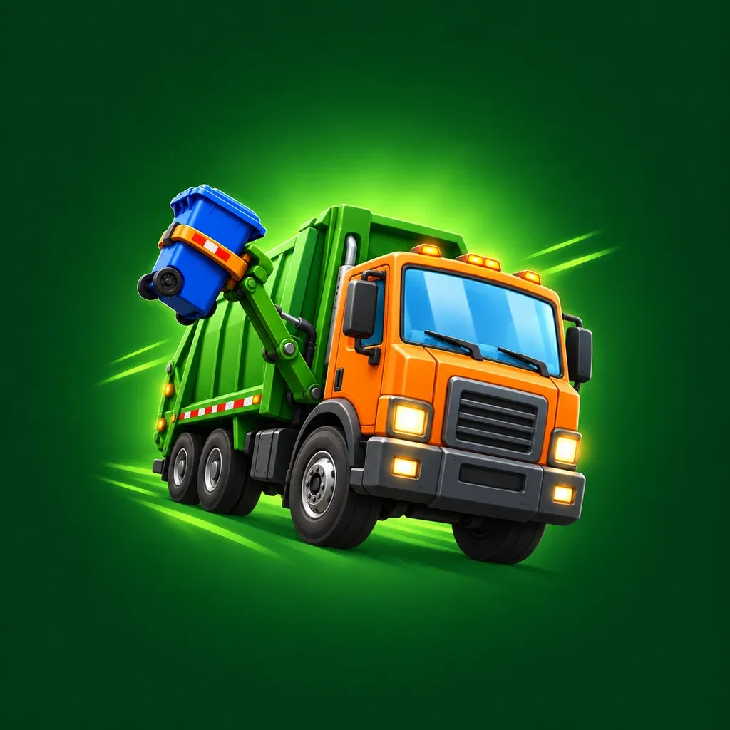 An orange and green garbage truck lifting a blue bin