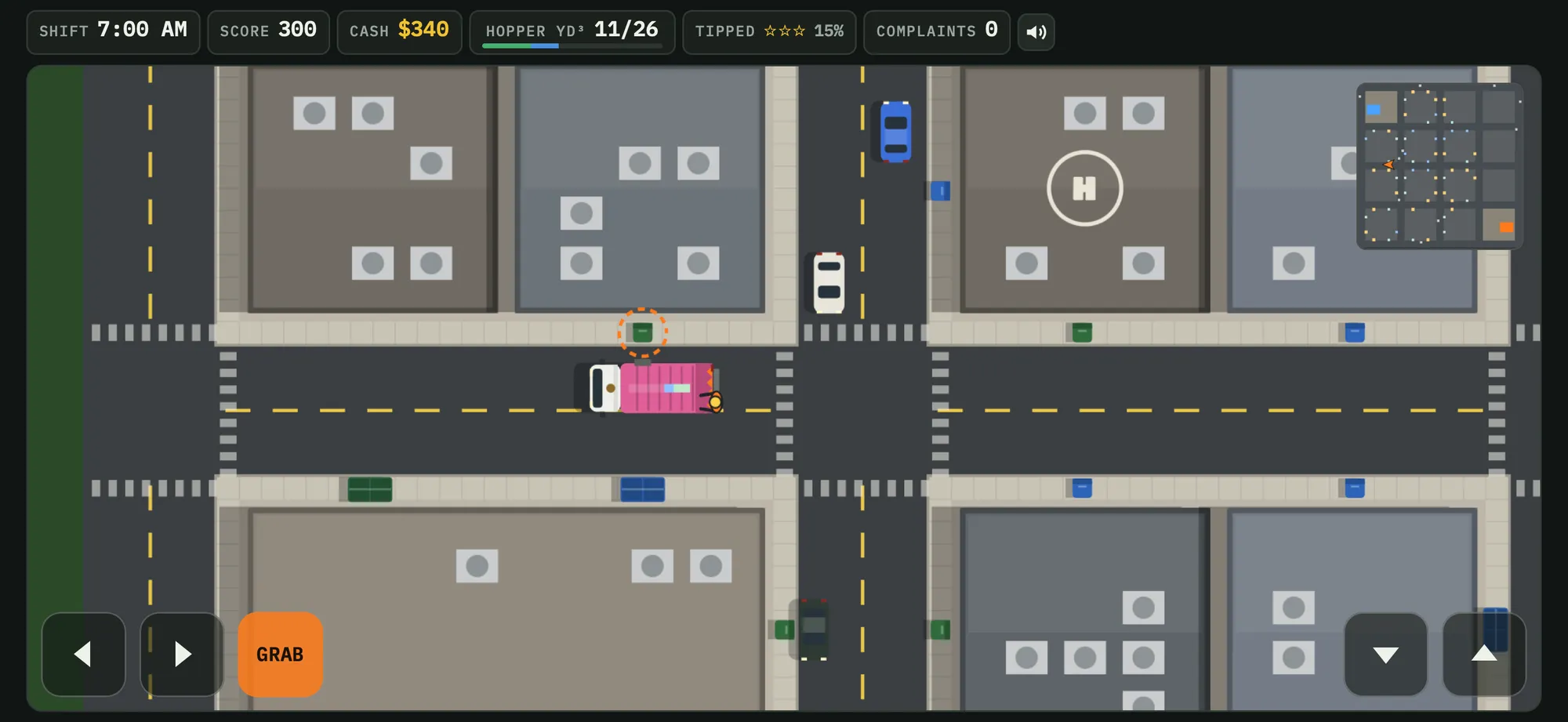 Downtown route from above: the truck in traffic between office blocks, with bins along the sidewalk